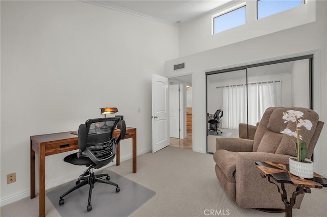1205 S Catalina Ave S Unit A, Redondo Beach, CA 90277 - home office featuring light carpet, crown molding, a high ceiling, and baseboards