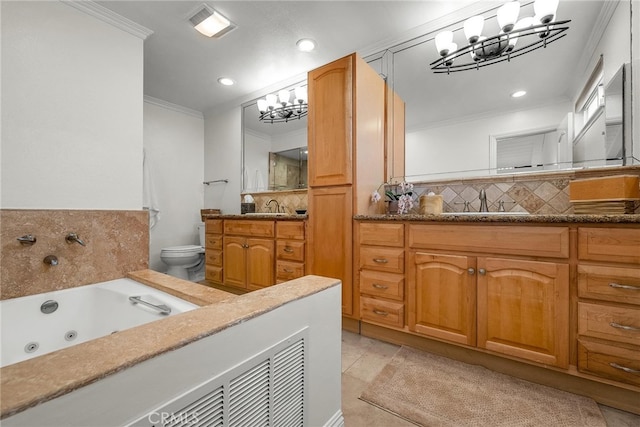 1205 S Catalina Ave S Unit A, Redondo Beach, CA 90277 - bathroom with a chandelier, ornamental molding, backsplash, vanity, and a jetted tub