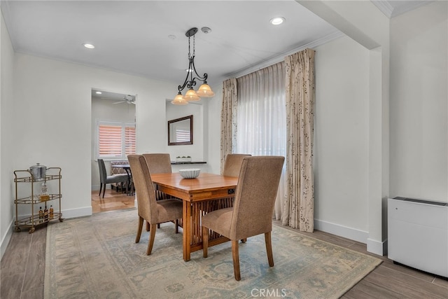 1205 S Catalina Ave S Unit A, Redondo Beach, CA 90277 - dining room with baseboards, recessed lighting, wood finished floors, ornamental molding, and a ceiling fan