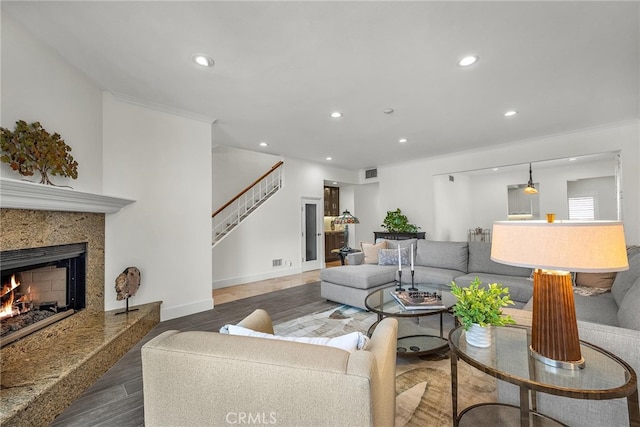1205 S Catalina Ave S Unit A, Redondo Beach, CA 90277 - living room with recessed lighting, stairway, wood finished floors, crown molding, and a high end fireplace