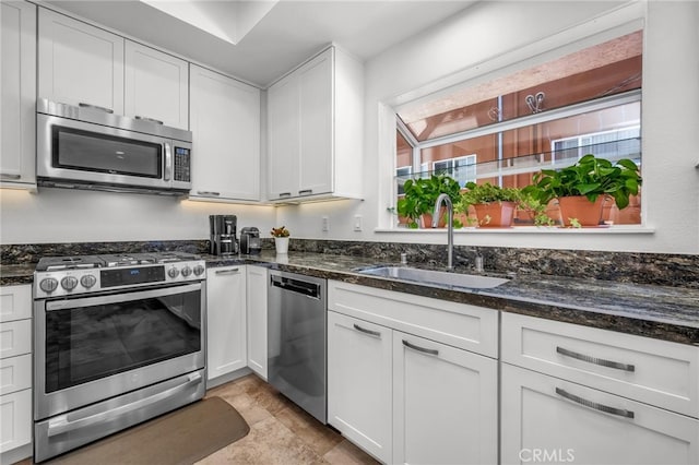 1205 S Catalina Ave S Unit A, Redondo Beach, CA 90277 - kitchen with stainless steel appliances, a sink, white cabinetry, and dark stone countertops