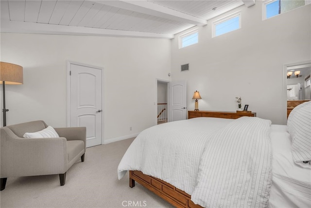 1205 S Catalina Ave S Unit A, Redondo Beach, CA 90277 - bedroom featuring high vaulted ceiling, light colored carpet, wood ceiling with exposed beams, and baseboards