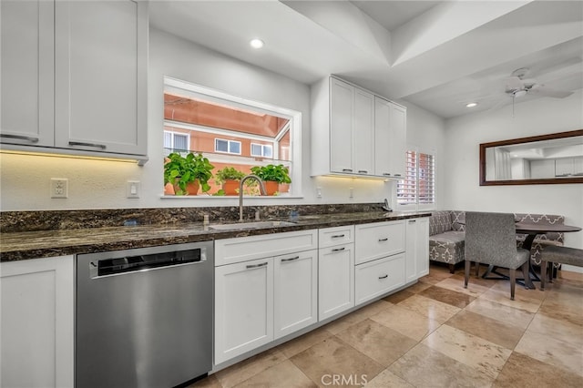 1205 S Catalina Ave S Unit A, Redondo Beach, CA 90277 - kitchen with stainless steel dishwasher, a sink, white cabinets, dark stone counters, and recessed lighting