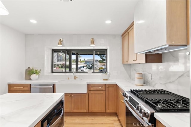 742 Hudson Ave, Costa Mesa, CA 92626 - kitchen featuring stainless steel appliances, premium range hood, light wood finished floors, a sink, and light stone countertops