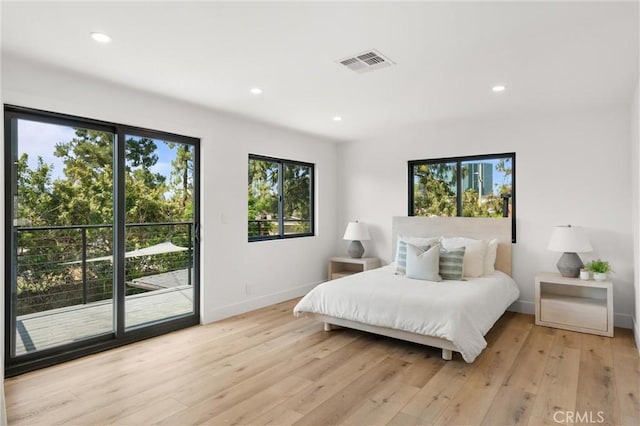 742 Hudson Ave, Costa Mesa, CA 92626 - bedroom featuring access to exterior, baseboards, light wood finished floors, and recessed lighting