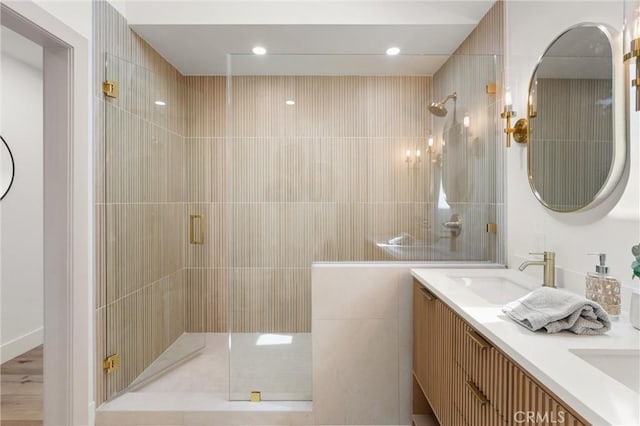 742 Hudson Ave, Costa Mesa, CA 92626 - full bath with a tile shower, double vanity, and recessed lighting