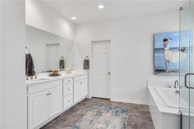 32172 Verbena Way, Temecula, CA 92591 - full bath featuring double vanity, a freestanding tub, a stall shower, baseboards, and recessed lighting