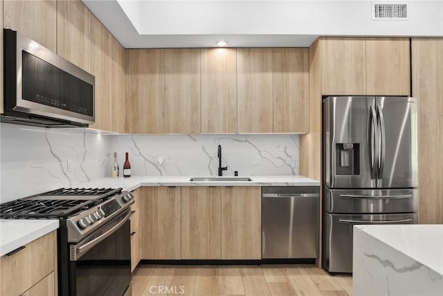 178 S Euclid Ave Unit 106, Pasadena, CA 91101 - kitchen featuring appliances with stainless steel finishes, light brown cabinets, a sink, and modern cabinets