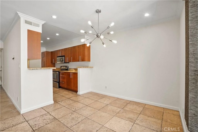 11970 Montana Ave Unit 102, Brentwood, CA 90049 - kitchen with stainless steel appliances, ornamental molding, brown cabinetry, a chandelier, and recessed lighting