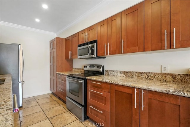 11970 Montana Ave Unit 102, Brentwood, CA 90049 - kitchen featuring stainless steel appliances, ornamental molding, brown cabinetry, light stone countertops, and recessed lighting