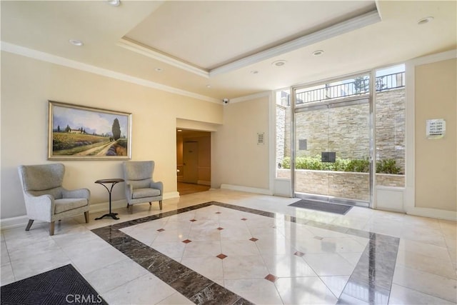 11970 Montana Ave Unit 102, Brentwood, CA 90049 - lobby featuring ornamental molding, recessed lighting, expansive windows, and a security system