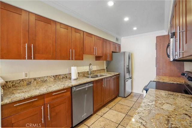 11970 Montana Ave Unit 102, Brentwood, CA 90049 - kitchen with appliances with stainless steel finishes, crown molding, light stone countertops, recessed lighting, and brown cabinetry