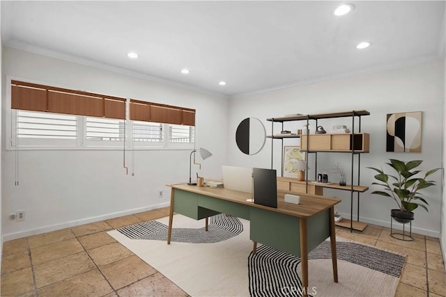 11970 Montana Ave Unit 102, Brentwood, CA 90049 - office area featuring crown molding, recessed lighting, and stone tile flooring