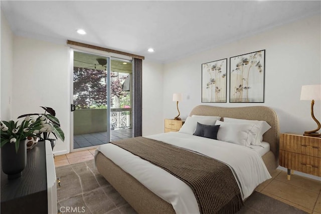 11970 Montana Ave Unit 102, Brentwood, CA 90049 - bedroom featuring access to exterior, recessed lighting, and tile patterned floors