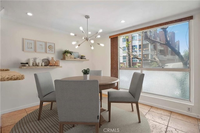 11970 Montana Ave Unit 102, Brentwood, CA 90049 - dining space with a chandelier, ornamental molding, and recessed lighting