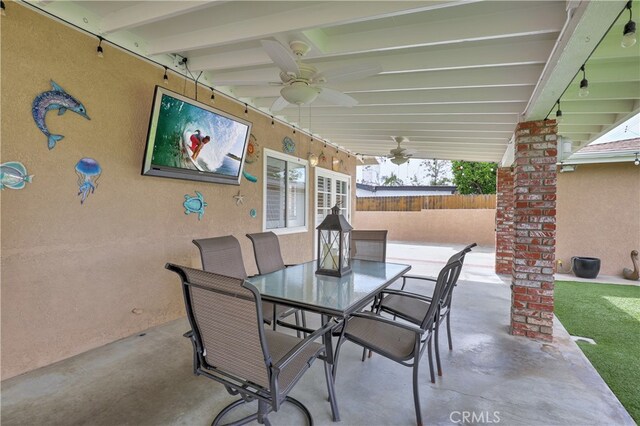 14522 San Feliciano Ln, Mirada, CA 90638 - view of patio / terrace featuring outdoor dining area, ceiling fan, and french doors