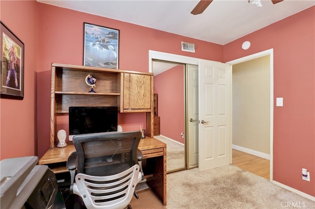 14522 San Feliciano Ln, Mirada, CA 90638 - office with a ceiling fan, light colored carpet, and baseboards