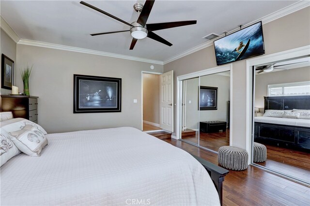 14522 San Feliciano Ln, Mirada, CA 90638 - bedroom featuring dark wood-style flooring, crown molding, and a ceiling fan
