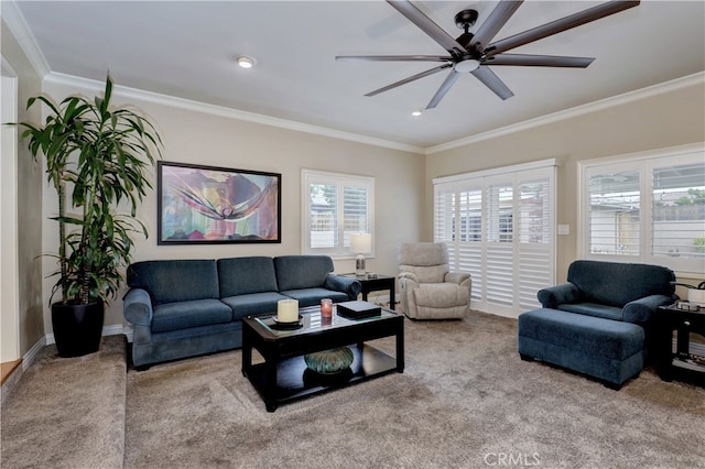 14522 San Feliciano Ln, Mirada, CA 90638 - carpeted living room with crown molding, a ceiling fan, and recessed lighting