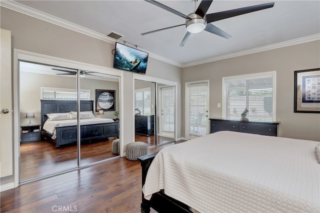 14522 San Feliciano Ln, Mirada, CA 90638 - bedroom featuring crown molding, multiple windows, wood finished floors, and multiple closets