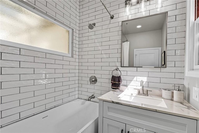 874 41st Ave, San Francisco, CA 94121 - bathroom featuring vanity, tile walls, shower / bath combo with shower curtain, and decorative backsplash