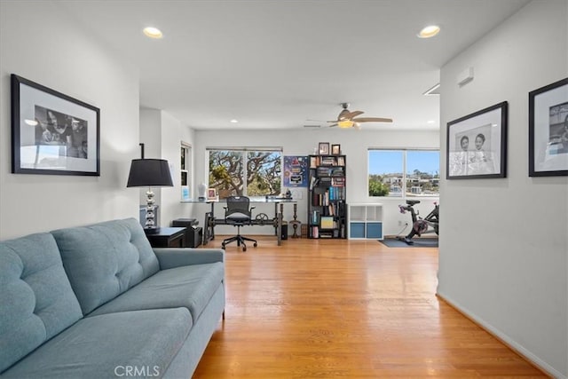 1801 Laurel Ave, Manhattan Beach, CA 90266 - living room with healthy amount of natural light, light wood-style floors, a ceiling fan, and recessed lighting