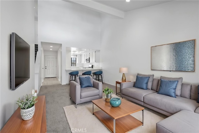 1188 Via Montoya, Camarillo, CA 93010 - living room with light carpet, recessed lighting, a high ceiling, and baseboards