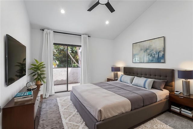 1188 Via Montoya, Camarillo, CA 93010 - bedroom featuring access to outside, vaulted ceiling, recessed lighting, carpet flooring, and a ceiling fan