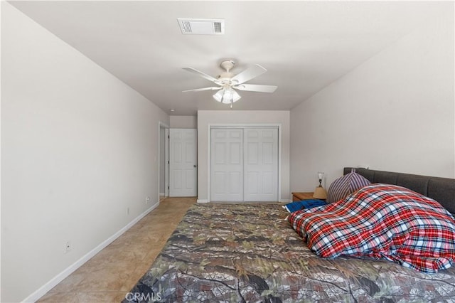 9824 Evelyn Ave, California City, CA 93505 - tiled bedroom with baseboards, a closet, and a ceiling fan