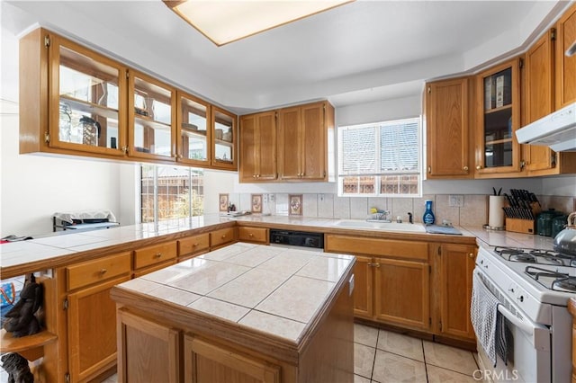 9824 Evelyn Ave, California City, CA 93505 - kitchen featuring white range with gas cooktop, a sink, tile counters, dishwasher, and brown cabinetry