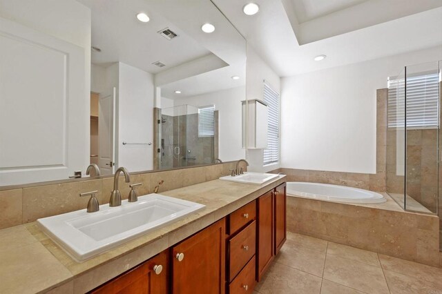 74158 Pele Pl, Palm Desert, CA 92211 - full bath featuring a stall shower, a bath, recessed lighting, tile patterned flooring, and double vanity