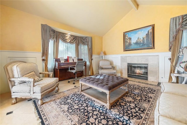 2445 N Santiago Blvd, Orange, CA 92867 - living room with a decorative wall, wainscoting, beam ceiling, a tile fireplace, and tile patterned flooring