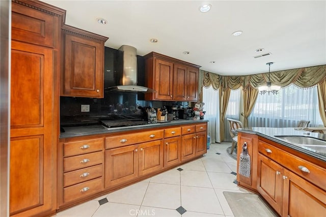 2445 N Santiago Blvd, Orange, CA 92867 - kitchen with wall chimney range hood, cooktop, dark countertops, tasteful backsplash, and light tile patterned flooring