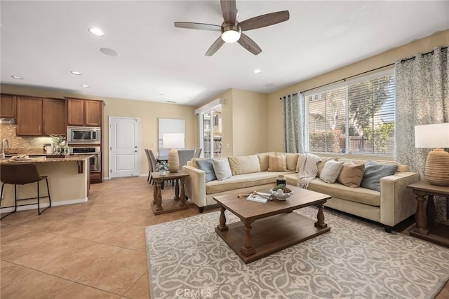 298 W Pebble Creek Ln, Orange, CA 92865 - living area featuring a ceiling fan, light tile patterned floors, and recessed lighting