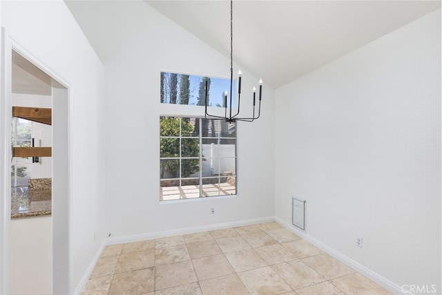 28705 Bridge Water Ln, Menifee, CA 92584 - unfurnished dining area with a chandelier, healthy amount of natural light, and high vaulted ceiling
