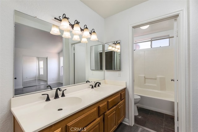 28705 Bridge Water Ln, Menifee, CA 92584 - full bathroom with double vanity, shower / washtub combination, and tile patterned floors
