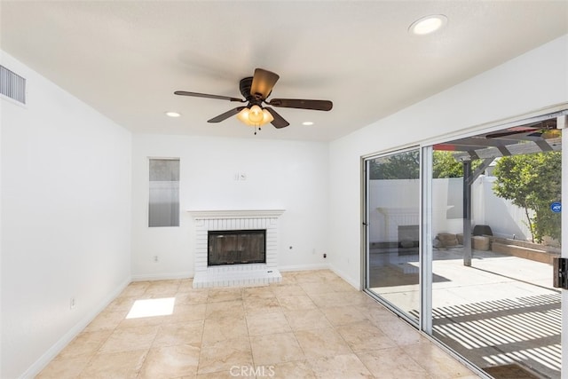28705 Bridge Water Ln, Menifee, CA 92584 - unfurnished living room featuring a ceiling fan, a fireplace, and recessed lighting