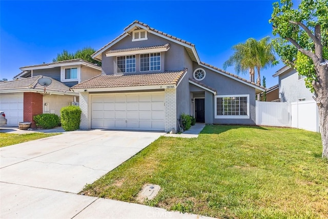 28705 Bridge Water Ln, Menifee, CA 92584 - view of front of property with brick siding, driveway, a tile roof, stucco siding, and an attached garage