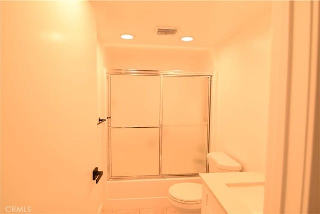 5369 Algarrobo Unit 1G, Laguna Woods, CA 92637 - bathroom featuring vanity, recessed lighting, combined bath / shower with glass door, and tile patterned flooring