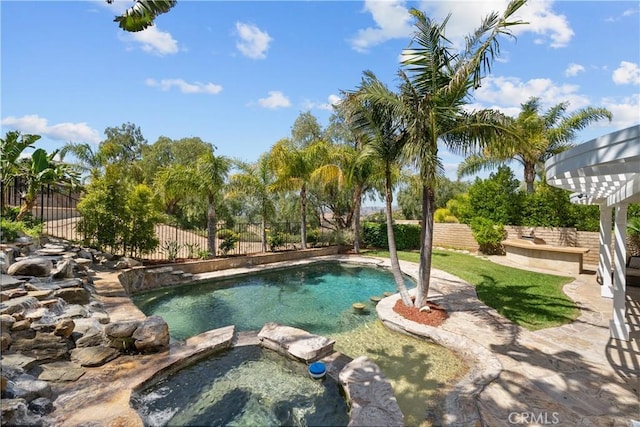 29012 Madrid Pl, Castaic, CA 91384 - view of swimming pool featuring a fenced backyard, a patio area, a pergola, and a pool with connected hot tub