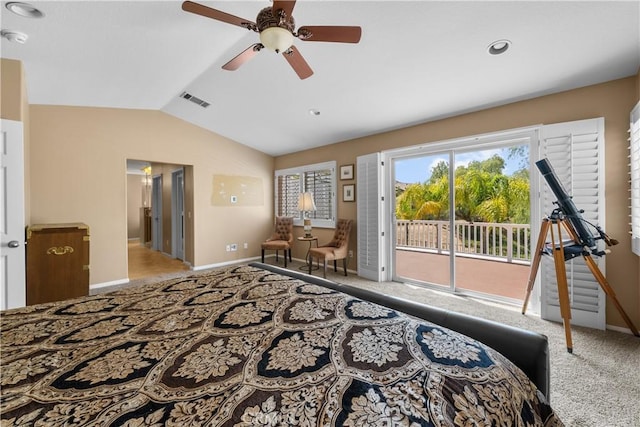 29012 Madrid Pl, Castaic, CA 91384 - bedroom featuring access to exterior, lofted ceiling, baseboards, a ceiling fan, and carpet