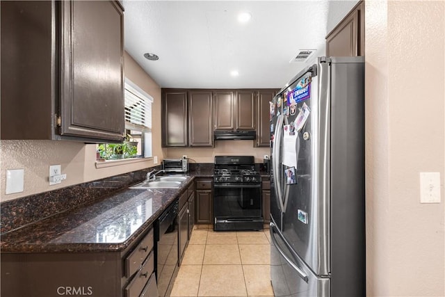 4846 Karling Pl, Palmdale, CA 93552 - kitchen featuring black appliances, a sink, extractor fan, dark brown cabinetry, and light tile patterned floors