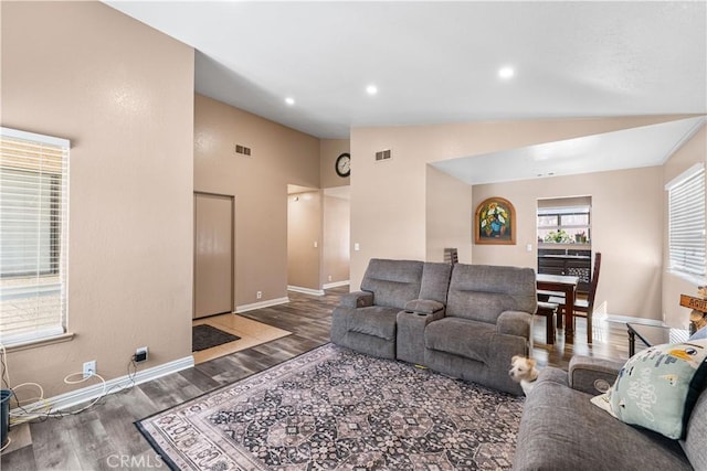 4846 Karling Pl, Palmdale, CA 93552 - living room featuring vaulted ceiling, wood finished floors, baseboards, and recessed lighting
