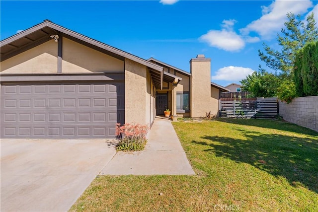 4846 Karling Pl, Palmdale, CA 93552 - view of front of house featuring stucco siding, a garage, a chimney, and concrete driveway