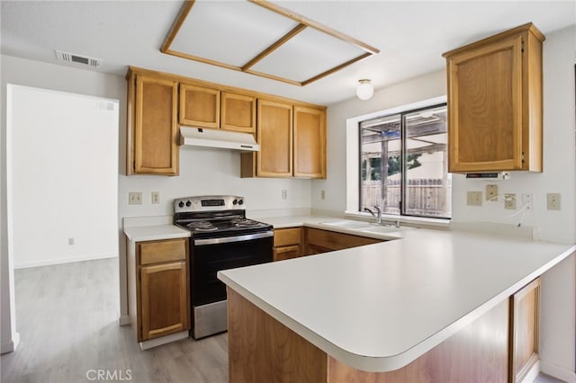 7000 Verdure Way, Elk Grove, CA 95758 - kitchen featuring stainless steel range with electric cooktop, under cabinet range hood, a peninsula, light countertops, and light wood finished floors