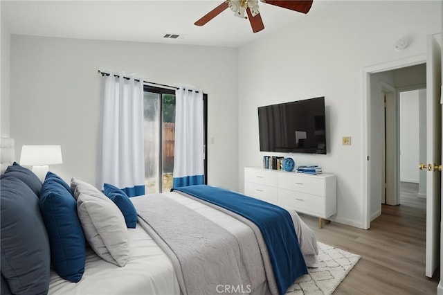 7000 Verdure Way, Elk Grove, CA 95758 - bedroom featuring light wood-style floors, baseboards, access to outside, a ceiling fan, and lofted ceiling