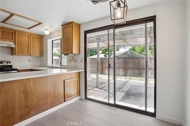 7000 Verdure Way, Elk Grove, CA 95758 - kitchen with under cabinet range hood, stainless steel electric range oven, light wood-style floors, light countertops, and a sink