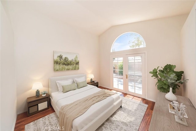 27331 Prominence Rd, Menifee, CA 92586 - bedroom with access to exterior, french doors, wood finished floors, vaulted ceiling, and baseboards