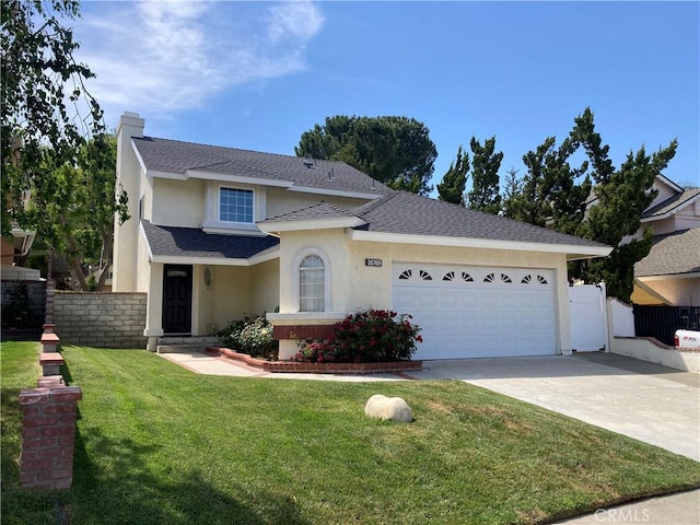 28769 Magnolia Way, Saugus, CA 91390 - traditional home featuring stucco siding, concrete driveway, an attached garage, a chimney, and roof with shingles
