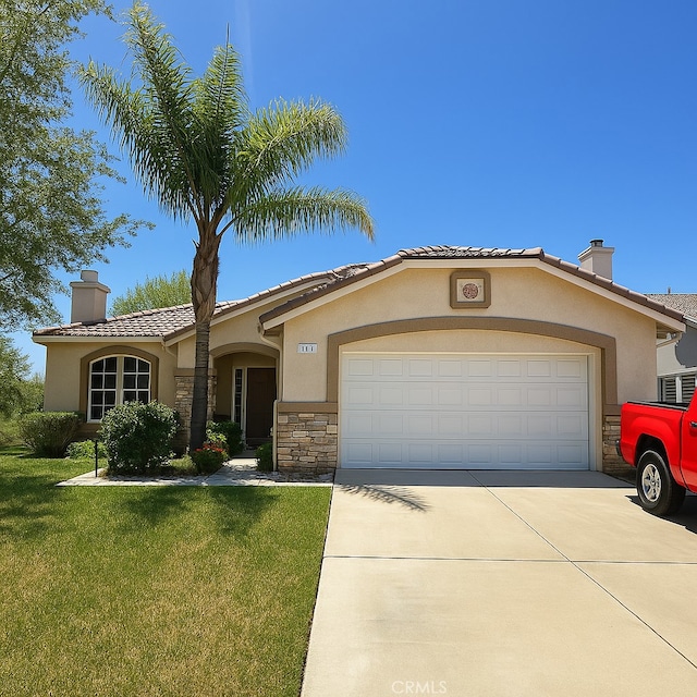 889 Sycamore Ct, Banning, CA 92220 - view of front of house with a chimney, stone siding, stucco siding, and concrete driveway